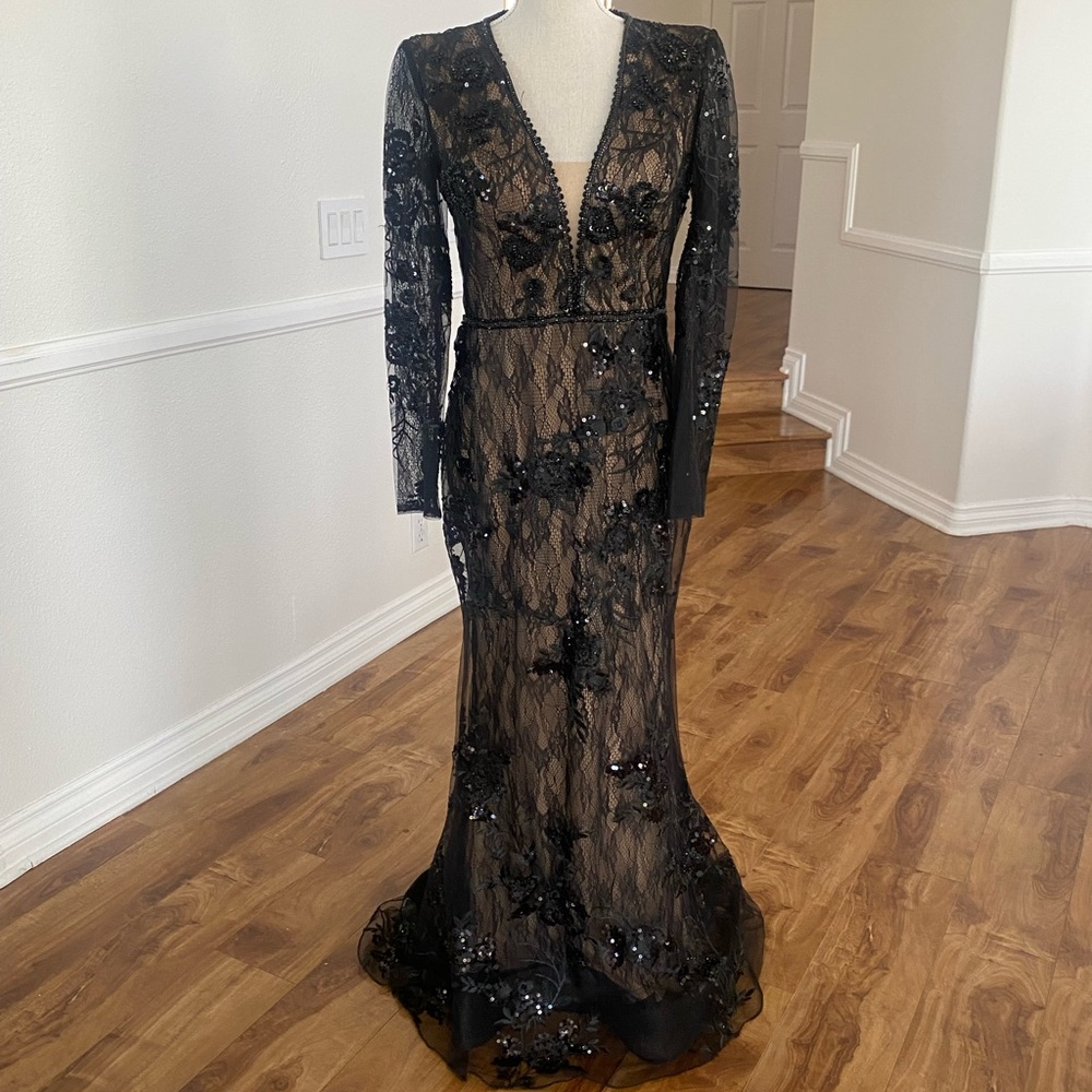 Mac Duggal Black Lace & Sequin Long Sleeve Gown